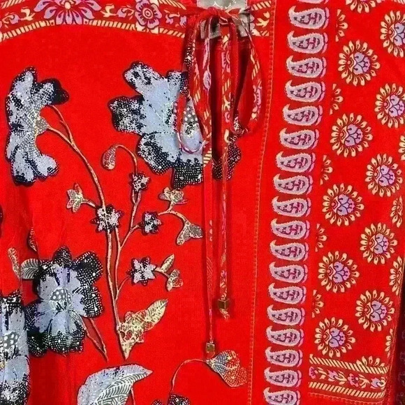 VANESSA VIRGINIA Red Bell Sleeve 100% Silk Peasant Dress Flowy Relaxed Women 4P - Picture 5 of 12